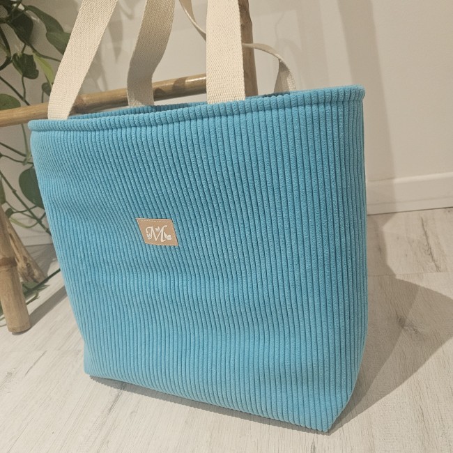 cabas fourre tout en velours côtelé coloris turquoise 