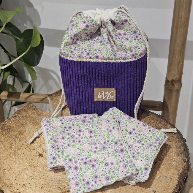 Trousse panière et 8 lingettes zéro déchet coloris violet 