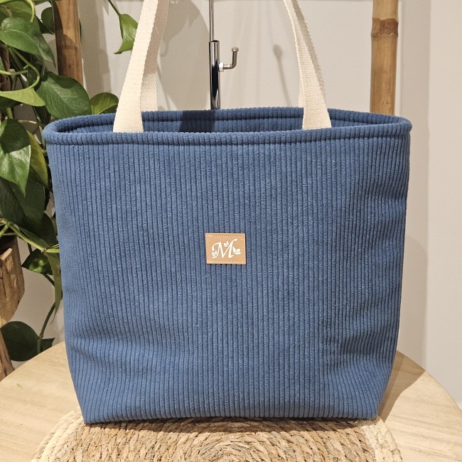 cabas fourre tout en velours côtelé coloris bleu jeans 