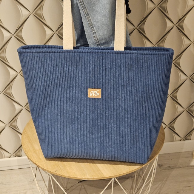 Maxi cabas EVASION en velours côtelé coloris bleu jeans et coton mini fleuri bleu