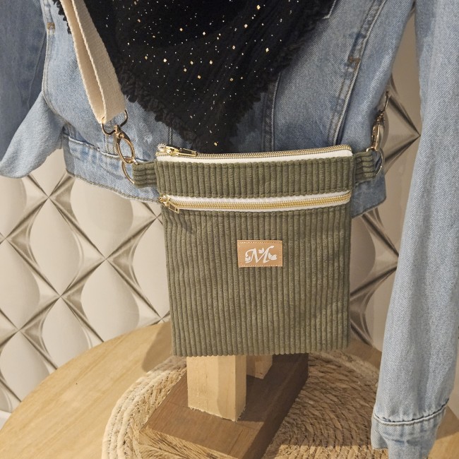 Pochette bandoulière l’essentiel velours kaki et coton graphique