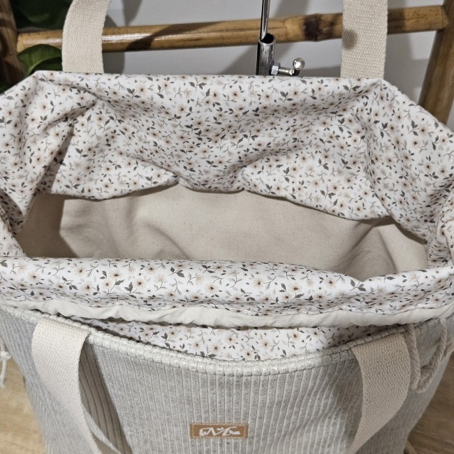cabas fourre tout en velours côtelé coloris beige lurex argenté