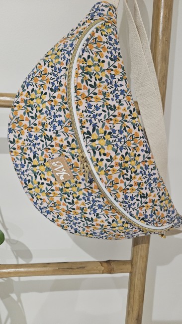 Sac banane en coton imprimé fleuri tons bleus et jaunes 