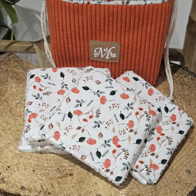 Trousse panière et 8 lingettes zéro déchet coloris orange