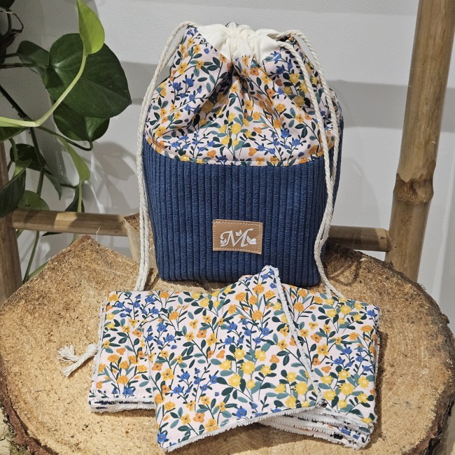 Trousse panière + 8 lingettes zéro déchet coloris bleu jeans