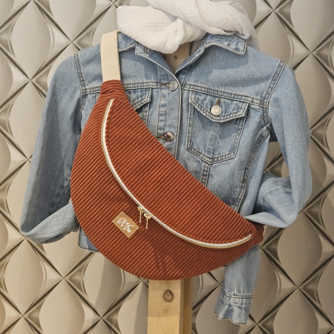 Banane Tsuki velours coloris terracotta et coton mini fleuri taupe
