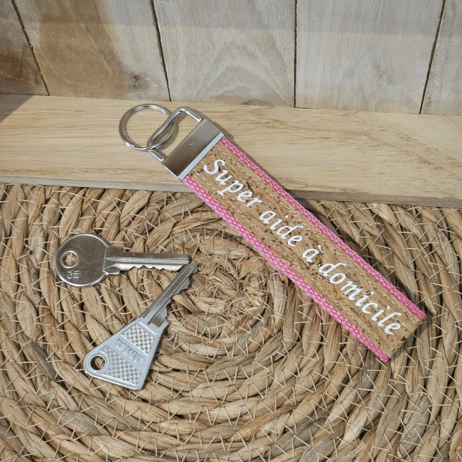 Porte clés message SUPER AIDE À DOMICILE coloris rose foncé/ liège