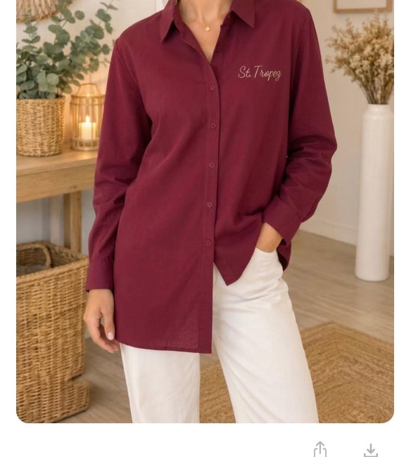 Chemise bordeaux  Oversize Femme « St. Tropez » – Broderie Signature & Coupe Tendance - (broderie broderie dos)