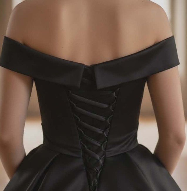 Robe de mariée courte noire en satin duchesse, col bardot drapé , zip avec boutons ou laçage au choix du 34 au 58