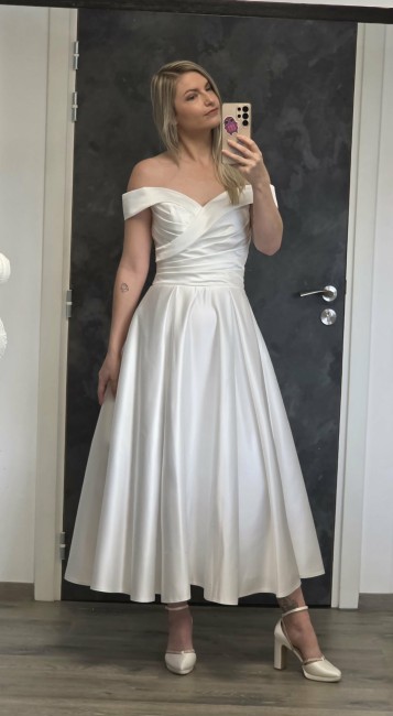 Robe de mariée courte style pin-up, années 50, encolure Bardot, toutes tailles. Vintage