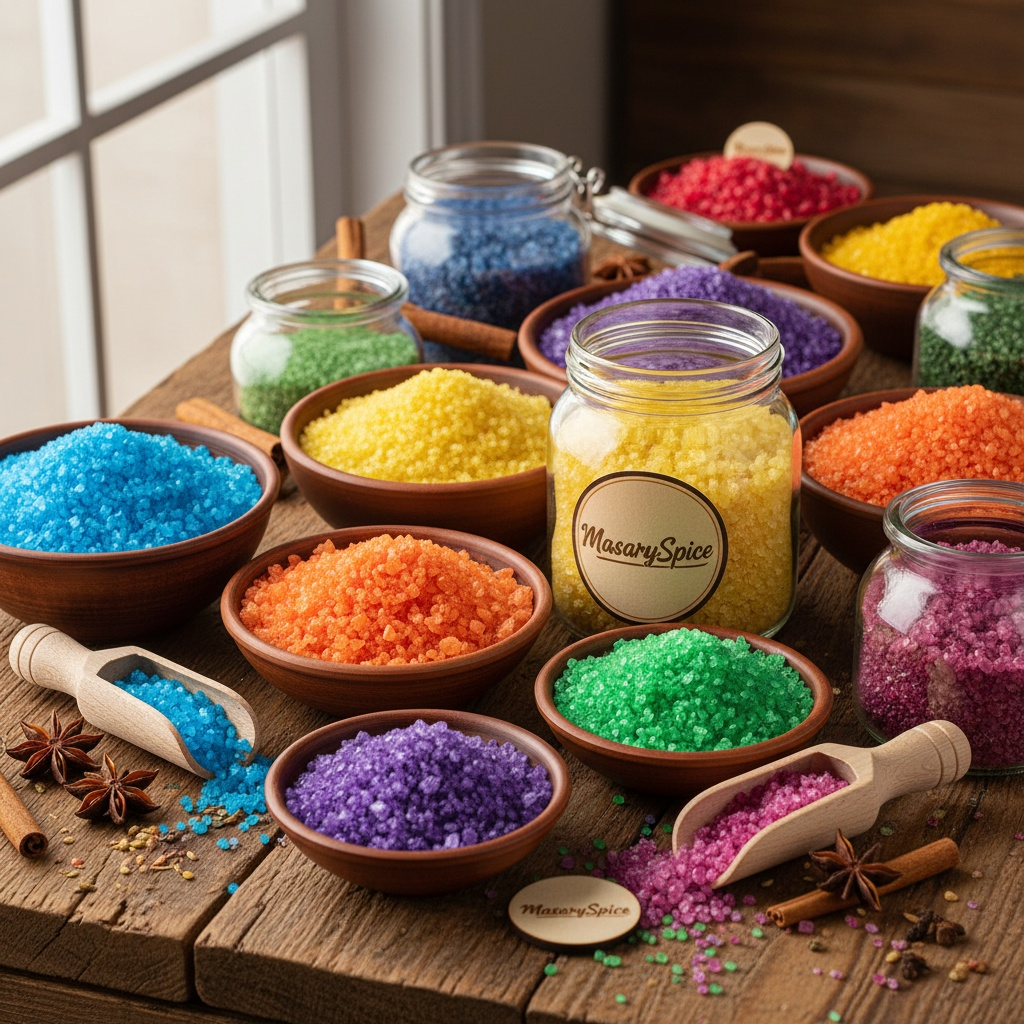 Bocaux de sucres abrasifs colorés MASARYSPICE, cristaux brillants pour décoration et cuisine créative.