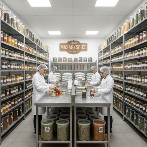 Espace de conditionnement MASARYSPICE : étagères blanches remplies de bocaux d’épices, environnement professionnel et éclairé