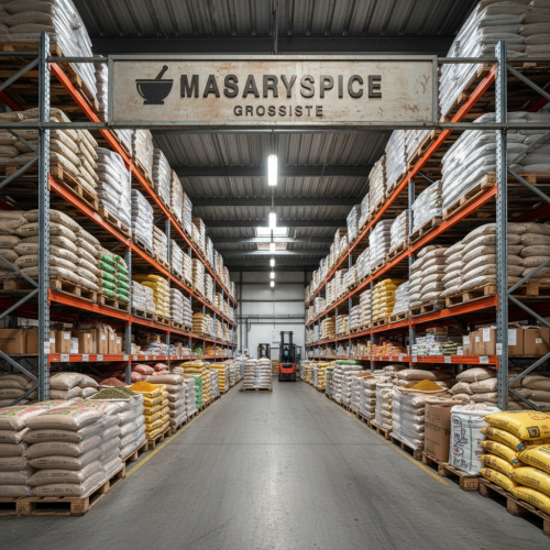 Entrepôt grossiste MASARYSPICE : larges rayonnages métalliques de cartons d’épices, espace logistique industriel
