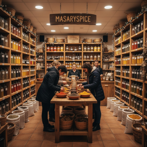 Boutique MASARYSPICE : rayonnages bois et bocaux d’épices colorées, ambiance chaleureuse et décor artisanal
