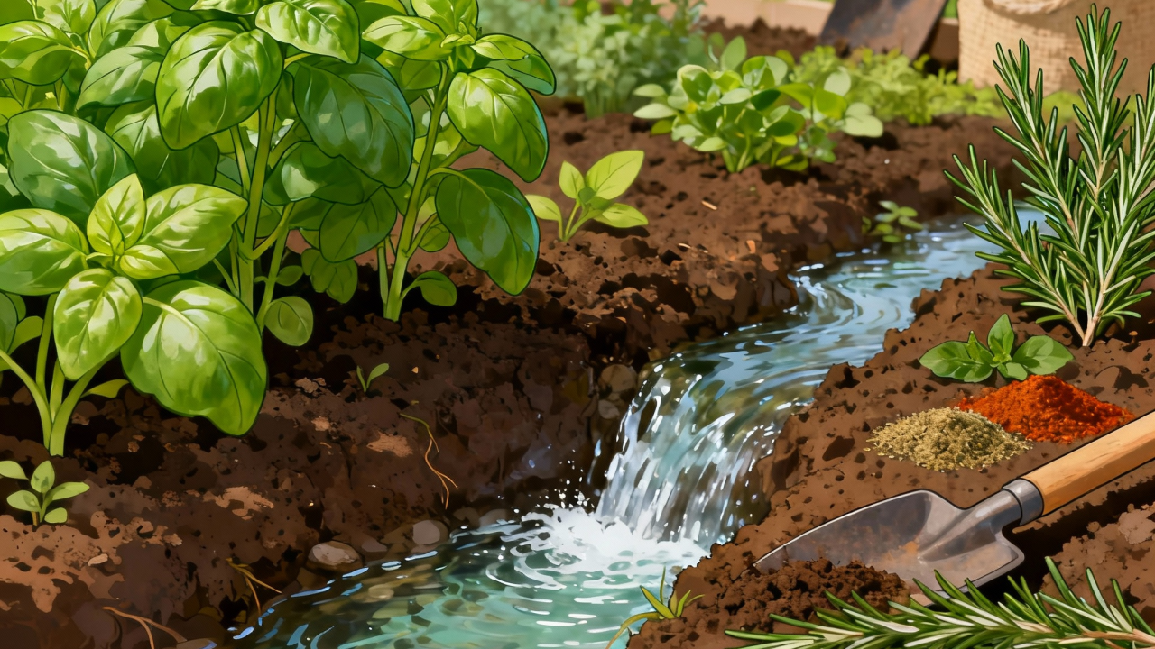 Vue horizontale illustrant la durabilité avec des épices organiques, un sol sain, des plantes vibrantes et une agriculture respectueuse de l'environnement
