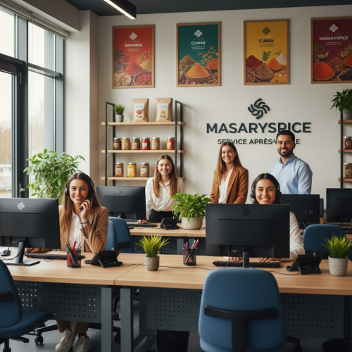 Équipe du service après-vente MASARYSPICE dans un bureau moderne, dédiée à l’accueil client et à la gestion des commandes, décoré avec des affiches sur les épices et des plantes vertes.