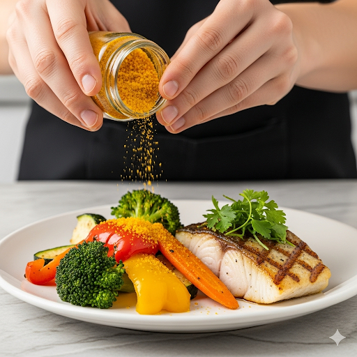 Main saupoudrant du curcuma sur un plat de légumes et poisson