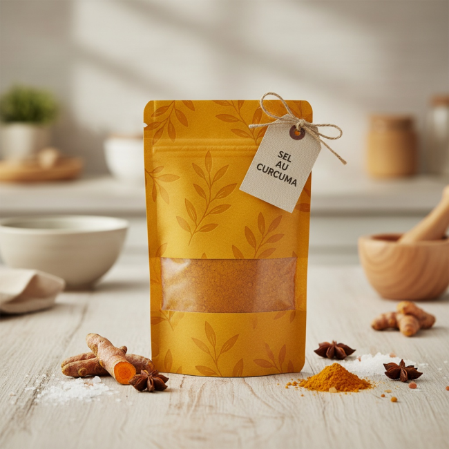 Sachet jaune de sel au curcuma avec étiquette, sur table avec épices et racines
