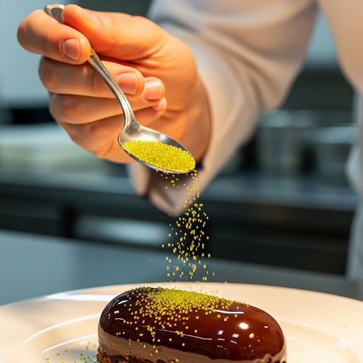 Pâtissier saupoudrant de sucre abrasif vert olive sur un dessert glacé.
