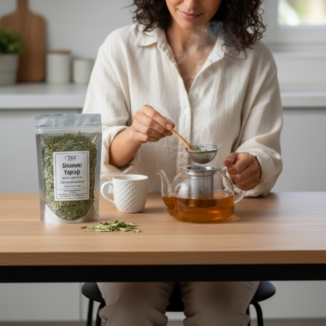Feuille de séné MasarySpice avec icônes bienfaits digestion énergie bien-être