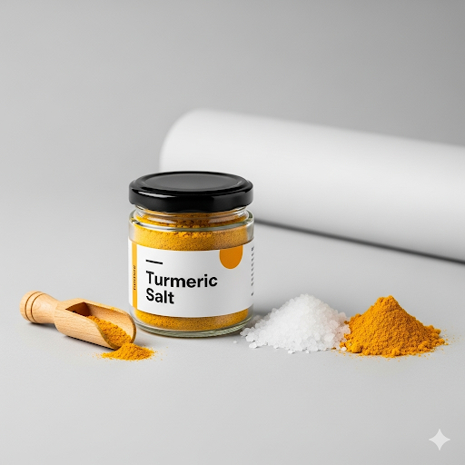 Pot de curcuma accompagné de sel et racine de curcuma sur fond clair