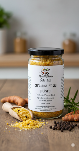 Pot de sel au curcuma et poivre sur table, accompagné de curcuma frais et grains de poivre