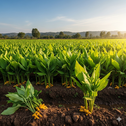 Champ de curcuma verdoyant sous le soleil, vue sur la culture naturelle