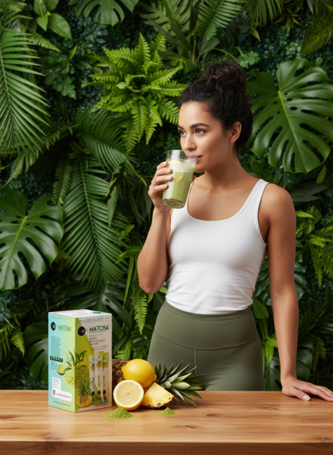 Femme sportive savourant une infusion Matcha Detox citron, devant un mur végétal, boîte et ingrédients naturels sur la table