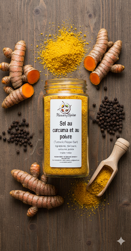 Pot de curcuma accompagné de sel et racine de curcuma sur fond clair