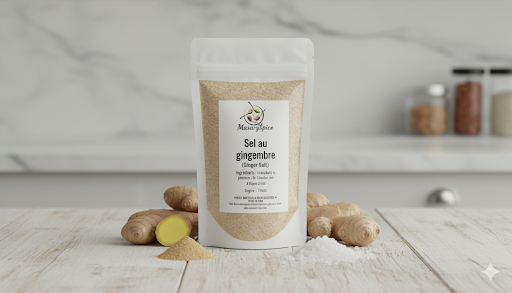 Pot de sel au gingembre sur table, accompagné de racines de gingembre frais