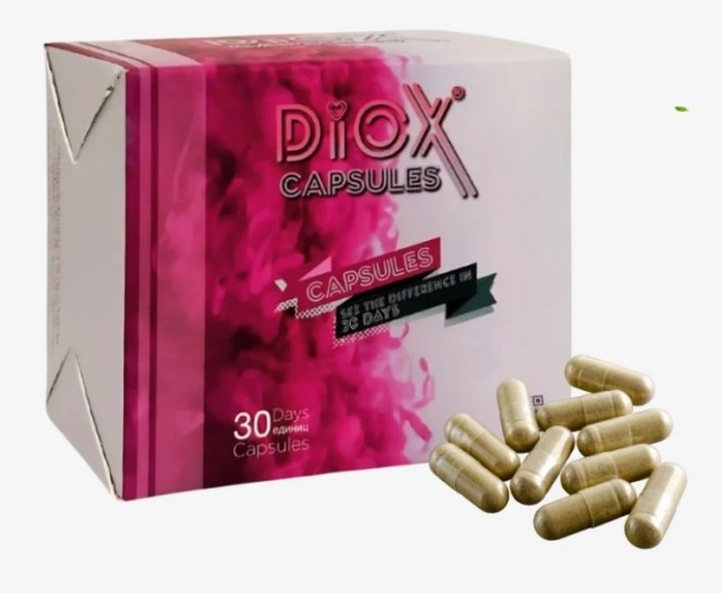 Boîte DIOX Capsules ouverte avec gélules exposées, complément alimentaire minceur et bien-être