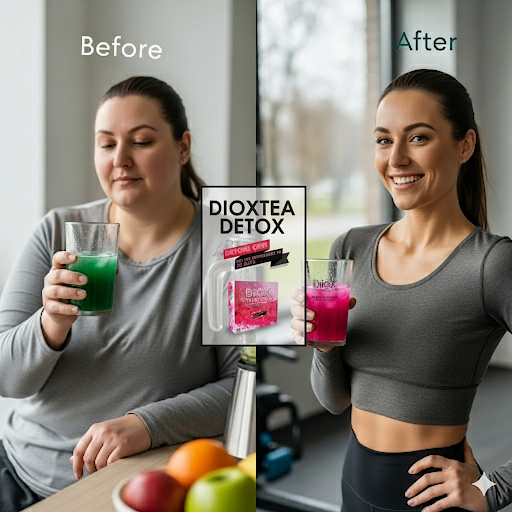 effet du thé Diox Detox sur la silhouette, femme tenant la boîte et une boisson, fruits sur la table
