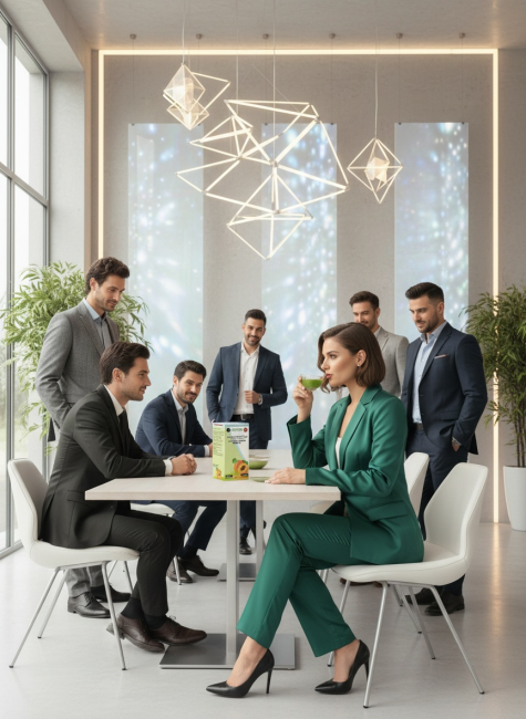 Femme élégante entourée d’hommes dans un espace moderne, dégustant une infusion Matcha abricot à table
