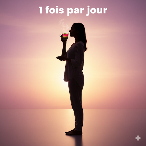 Silhouette d’une femme avec une boisson, coucher de soleil, texte “1 fois par jour”
