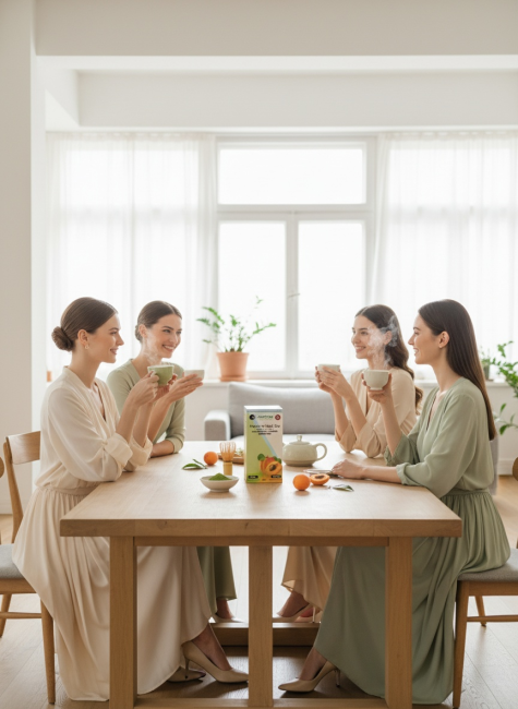 Groupe de femmes partageant un thé Matcha abricot autour d’une table en bois, ambiance lumineuse et conviviale