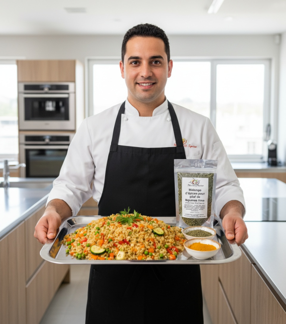 Chef présentant un plat de pilaf de légumes avec le mélange d’épices Irina