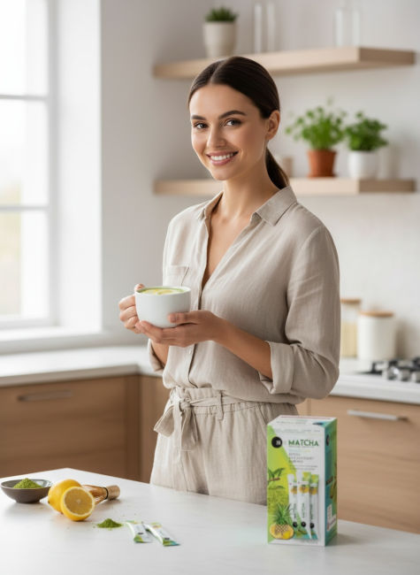 Jeune femme dégustant une infusion Matcha Detox citron dans une cuisine lumineuse, boîte et sachets visibles sur la table