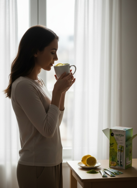 Femme savourant une infusion Matcha Detox citron près d’une fenêtre