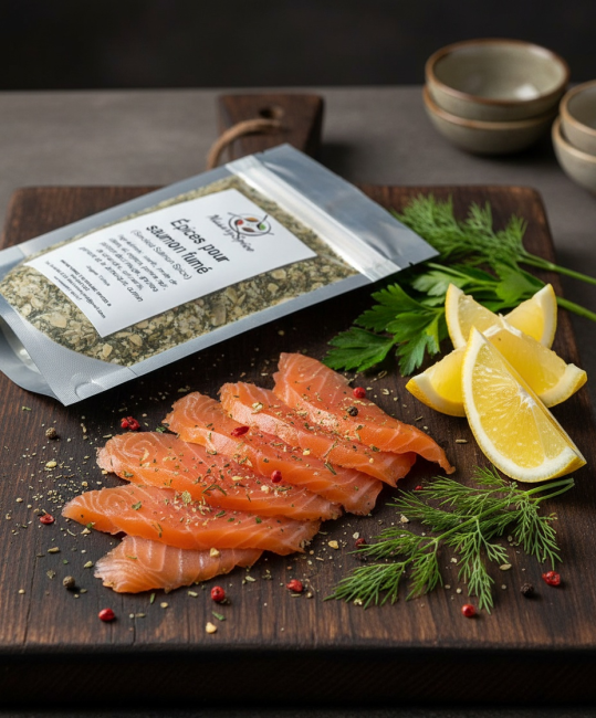 Mélange d’épices pour saumon fumé MasarySpice sur planche avec saumon tranché, citron et herbes
