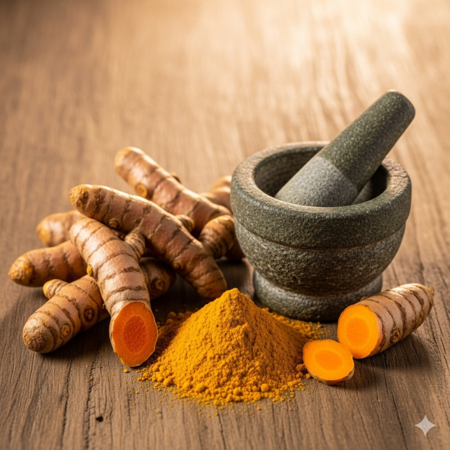 Racines de curcuma frais, poudre et mortier sur table en bois