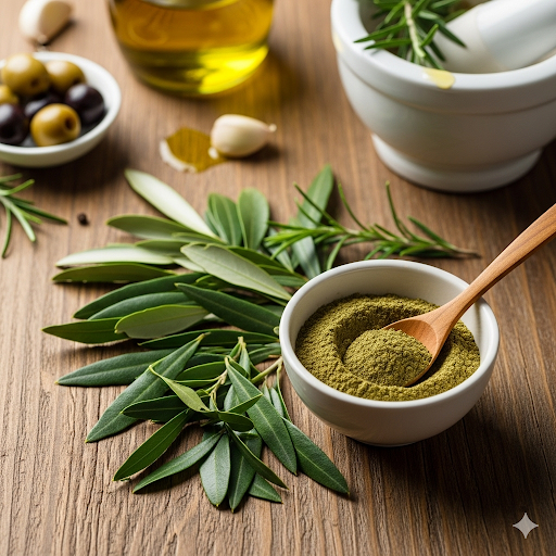 Bol de poudre de feuille d’olivier avec feuilles fraîches, huile d’olive et olives sur table en bois