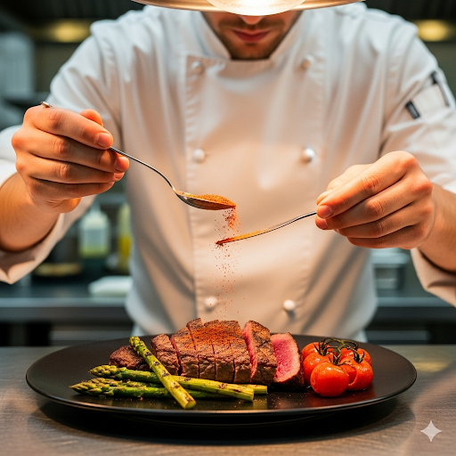 Chef assaisonnant une assiette avec du piment de Cayenne