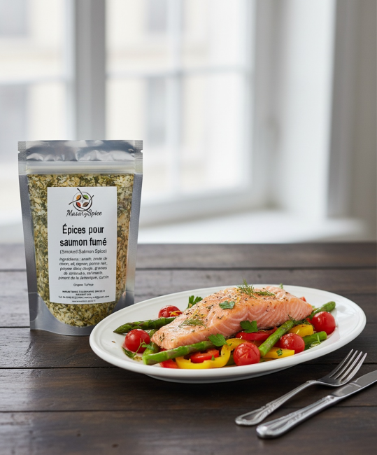 Sachet d’épices pour saumon fumé MasarySpice avec plat de saumon fumé et légumes