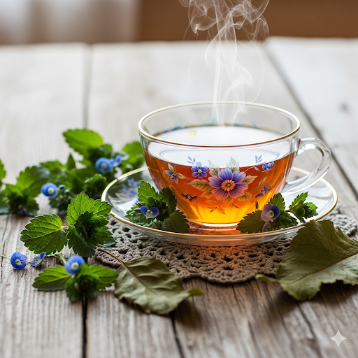 Tasse de tisane fumante entourée de feuilles et de petites fleurs bleues de véronique petit-chêne sur une table en bois rustique