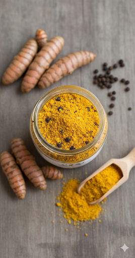 Racines de curcuma et grains de poivre noir sur table en bois
