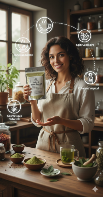 Herboriste charmante dans une cuisine rustique, tenant la poudre de feuilles d'avocat MasarySpice et entourée d'ingrédients naturels et d'une infusion détox