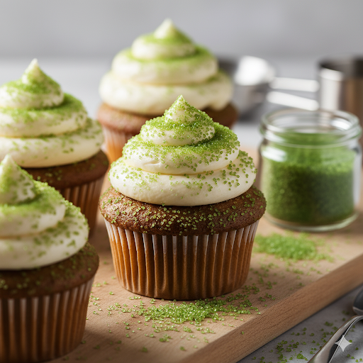  Cupcakes décorés de glaçage blanc et de sucre abrasif vert olive.
