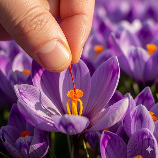 Gros plan sur une main cueillant délicatement un filament de safran rouge d'une fleur de crocus violette dans un champ, illustrant la récolte manuelle et laborieuse de l'épice la plus chère du monde.
