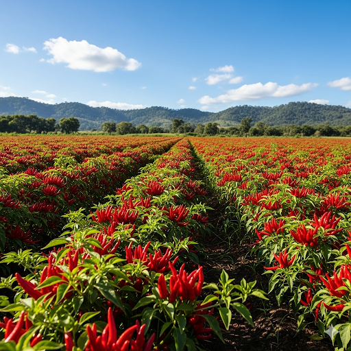Vaste champ de piments de Cayenne rouges sous le soleil.