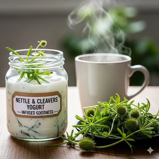 Un pot de yaourt infusé avec de l'herbe à yogourt (Galium aparine) fraîche, posé à côté d'une tasse fumante et d'une petite assiette remplie de cette herbe verte.